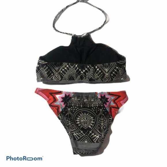 2 piece swimsuit bikini graphic black neck psychedelic pattern medium READ - Picture 3 of 8